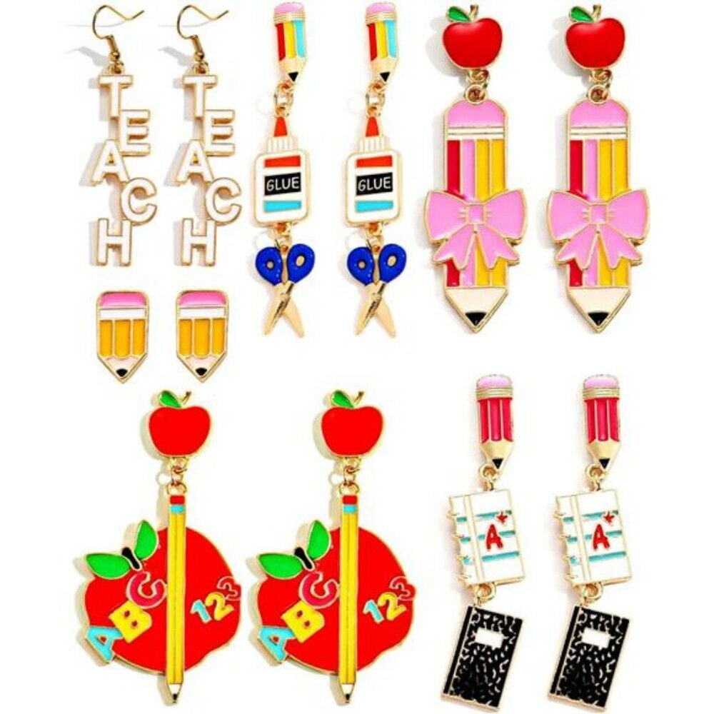 Colorful Teacher Earrings Pencil Apple Drop Dangle Back To School Gift Jewelry
